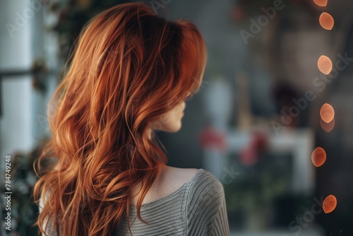 An artistic photograph capturing the back of a woman with vibrant red hair and the bokeh effect of lights in the background