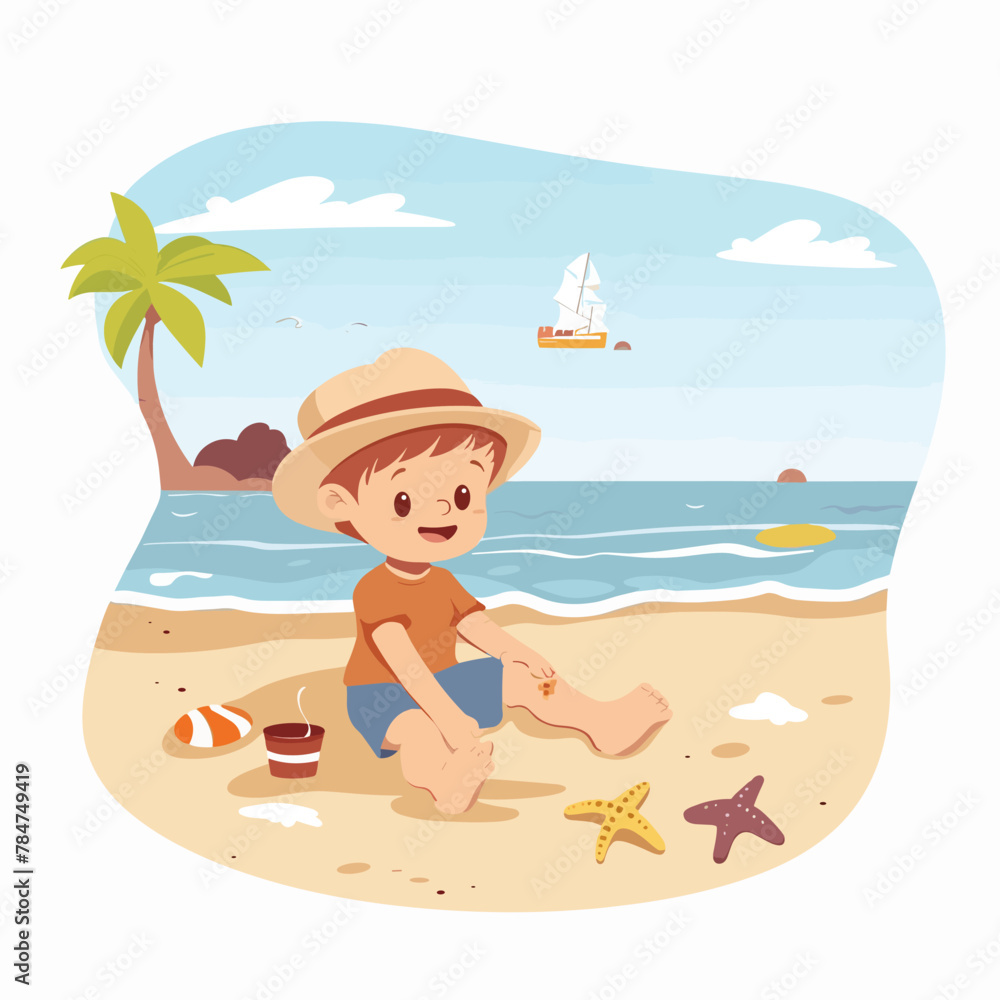 Cute little boy sitting on the beach. Vector cartoon illustration.
