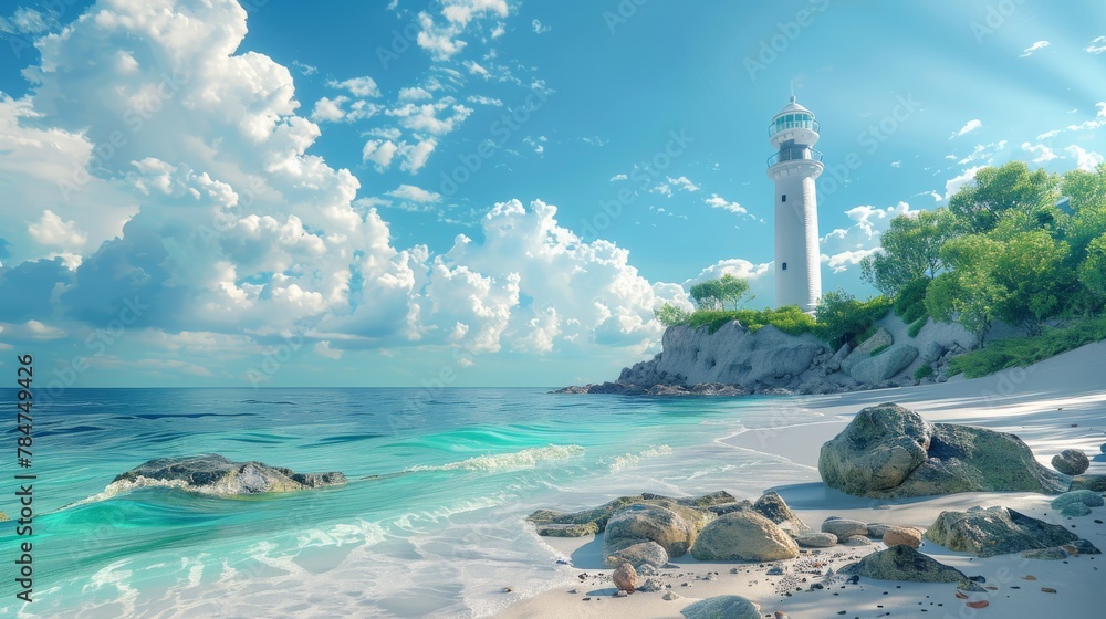 Idyllic landscape with a lighthouse overseeing a turbulent beach, surrounded by majestic mountains