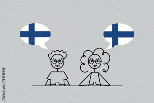 finnish speakers, cartoon boy and girl with speech bubbles in Finland flag colors, learning language vector illustration