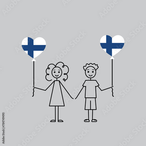 finnish children, love Finland sketch, girl and boy with a heart shaped balloons, black line vector illustration