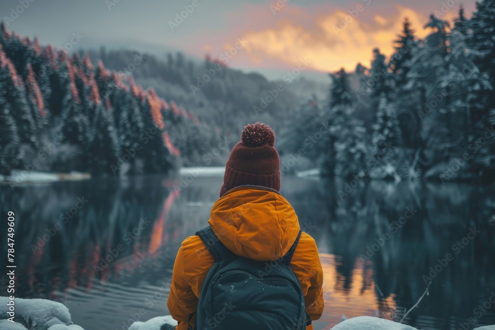 A contemplative man in a vivid orange jacket overlooks a stunning winter forest scene reflected on a serene lake at dusk