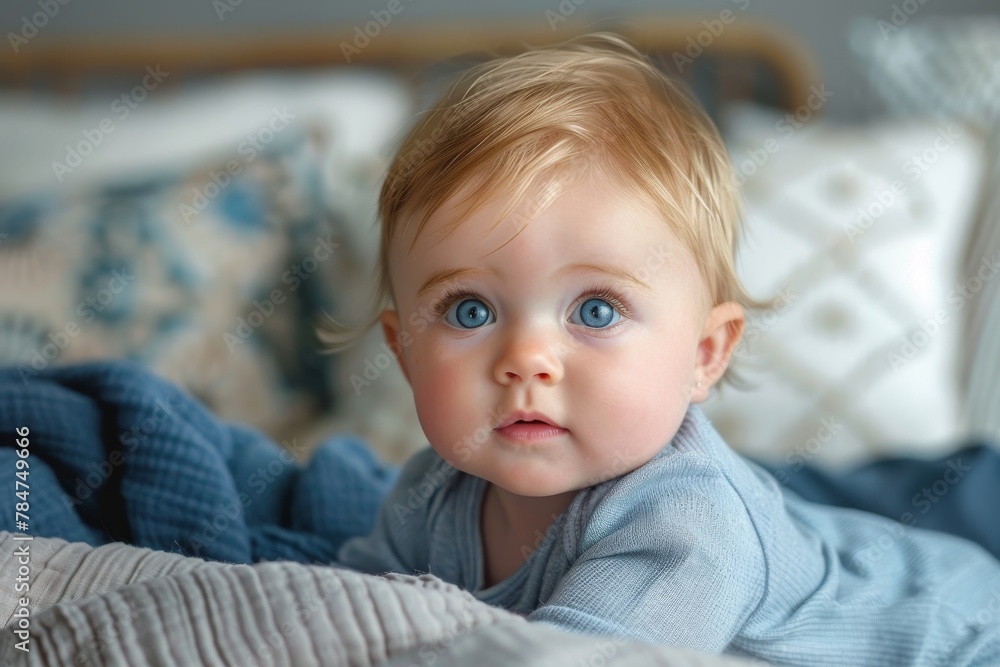 An adorable baby with deep blue eyes lies comfortably in a cozy bed, looking inquisitively at the camera An adorable baby with deep blue eyes lies comfortably in a cozy bed, looking inquisitively at the camera
