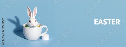 White egg with hare ears in a roll of toilet paper. Hard shadow on a light background. Concept on Easter