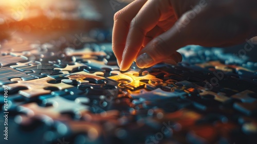 Business solutions concept with female hand connecting puzzle jigsaw. AI generated image