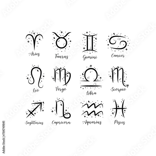 12 zodiac signs with moon, flower and stars. Celestial constellations