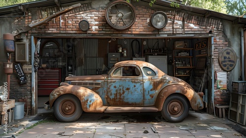 Retro Rustic Charm: Vintage Car in Classic Garage. Concept Vintage Car, Classic Garage, Retro Style, Rustic Charm