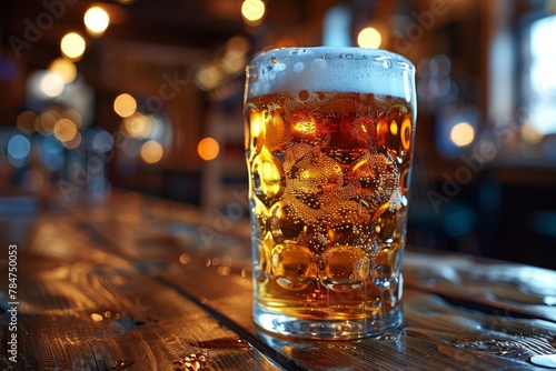 A golden and refreshing pint of beer with frothy head, perfectly captured on a worn wooden table in a cozy pub setting