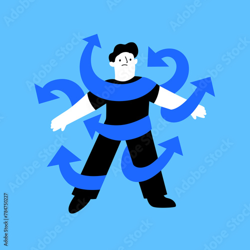 ADHD vector concept with male head in plenty of arrows in doubt. People suffering from ADHD isolated on white. Characters overcoming problems with various tasks, problems and arrows.
