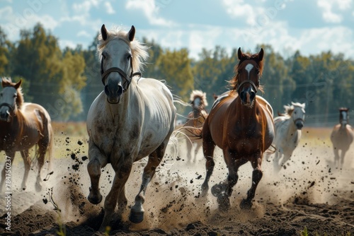 A powerful and dynamic image capturing a thunderous herd of horses running through a cloud of dust on a beautiful sunny day, conveying freedom and strength