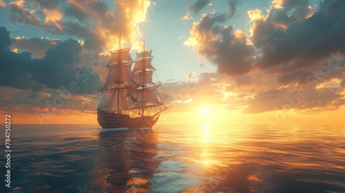 Majestic pirate ship sailing on calm seas under a spectacular sunset
