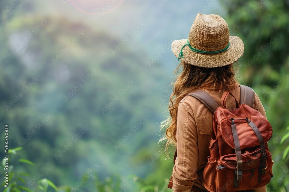 Woman traveler with hat looking at lush mountains, embodying the spirit of adventure and freedom