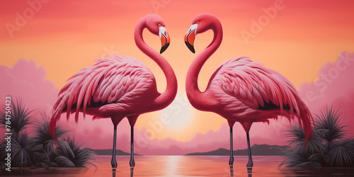  A pair of flamingos nestled together  their vibrant pink feathers contrasting against a golden sunset sky. 