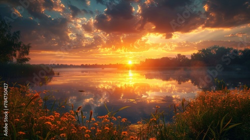 Golden sunrise over tranquil lake with wildflowers and clouds
