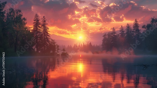 Stunning sunrise over a serene lake with mist, colorful clouds and forested landscape © Yusif