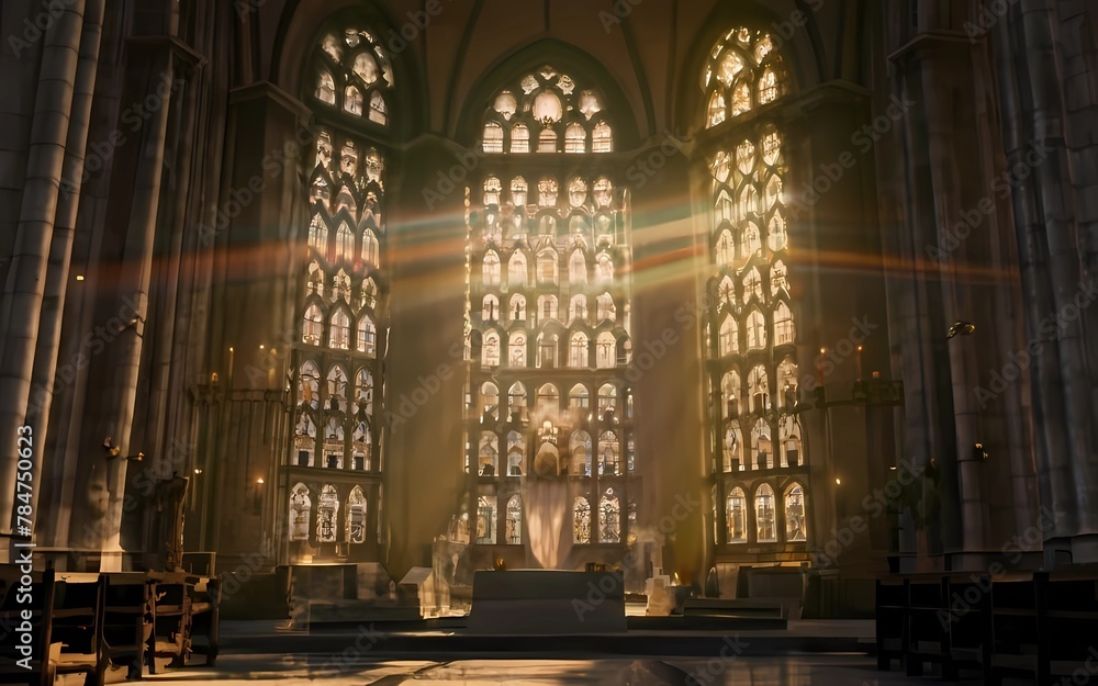 the sun lights shines through the outside windows of a cathedral.