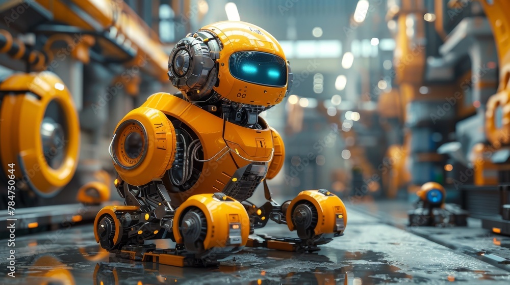 Advanced yellow robot working in a high-tech facility with automated machinery