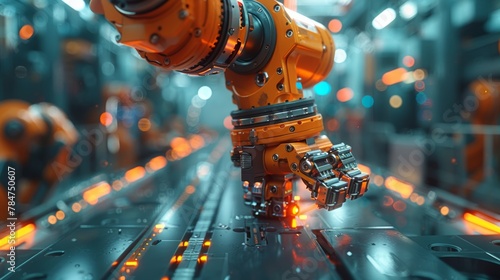 Futuristic industrial robots in a high-tech assembly line within a digital factory