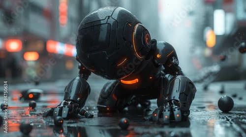 Futuristic robot in a black suit kneels solemnly in a rainy cityscape