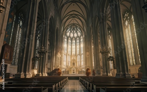 the sun lights shines through the outside windows of a cathedral