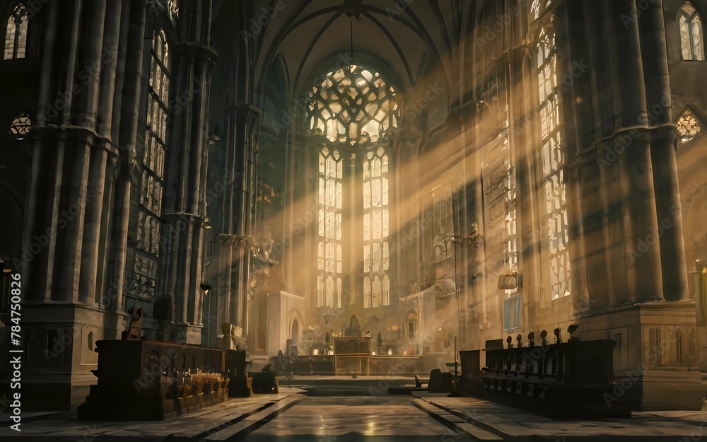 inside view of the sun shines through the windows of a cathedral