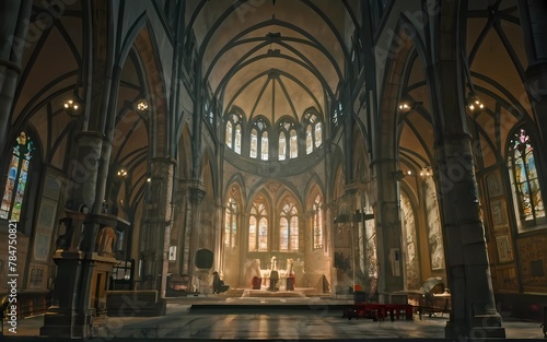 inside view of the sun shines through the windows of a cathedral