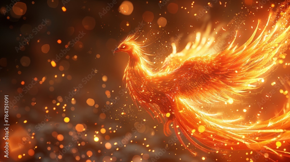 Majestic phoenix rising from the ashes in a fiery display, symbolizing ...