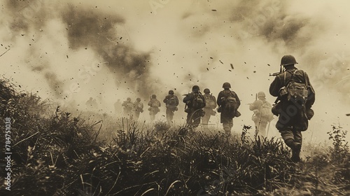 Sepia-toned image of soldiers advancing through smoke on D-day, Normandy © Yusif