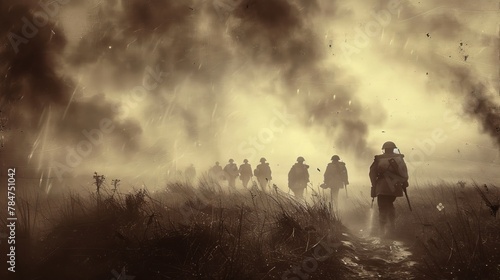 Sepia-toned image of soldiers advancing through smoke on D-day, Normandy photo