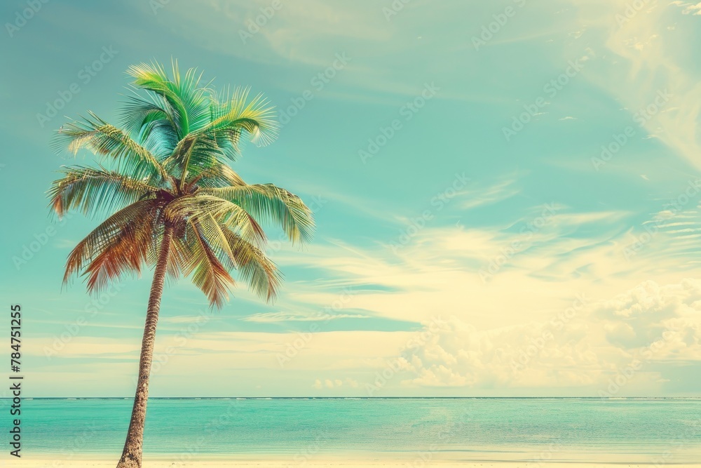 Palm tree on tropical beach with blue sky and white clouds abstract background. Copy space of summer vacation and business travel concept - generative ai Palm tree on tropical beach with blue sky and white clouds abstract background. Copy space of summer vacation and business travel concept - generative ai