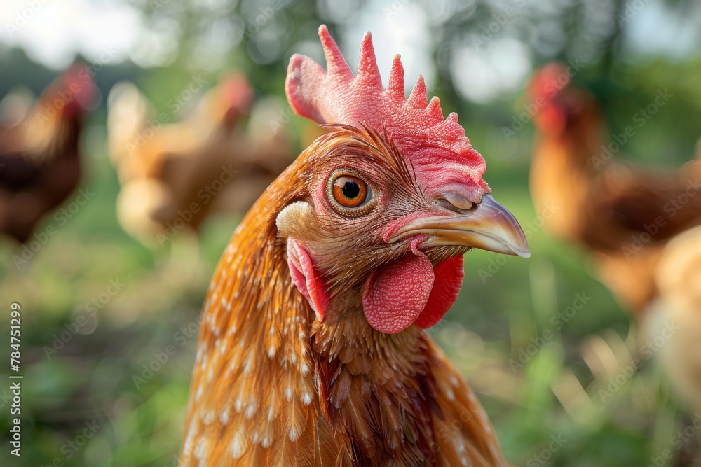 Detailed close-up of a chicken's head, sharp focus on eye, set against a blurry farm background
