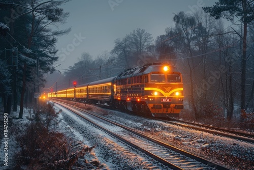 A dramatic evening shot capturing a moving train with dynamic light trails, conveying motion and the passage of time