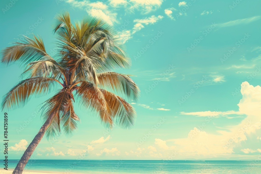Palm tree on tropical beach with blue sky and white clouds abstract background. Copy space of summer vacation and business travel concept - generative ai