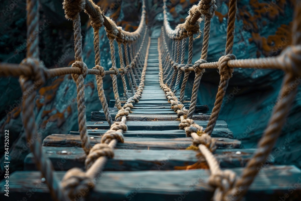 Intense macro of a swaying rope bridge over a deep gorge, focus on frayed ropes and wooden planks, symbolizing precarious challenges