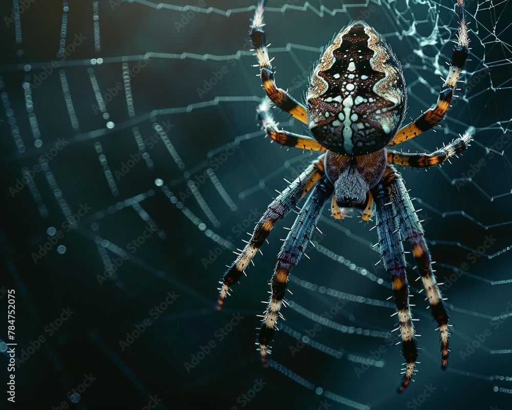 Macro shot of a spider on a web against a dark, blurred background, emphasizing the challenge of entrapment and the fear it invokes Macro shot of a spider on a web against a dark, blurred background, emphasizing the challenge of entrapment and the fear it invokes