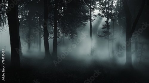 a dark forest with fog and trees in the background