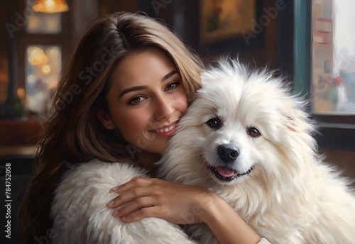 Portrait of beautiful young woman holding her dog in hands. Cute white dog in arms of loving owner