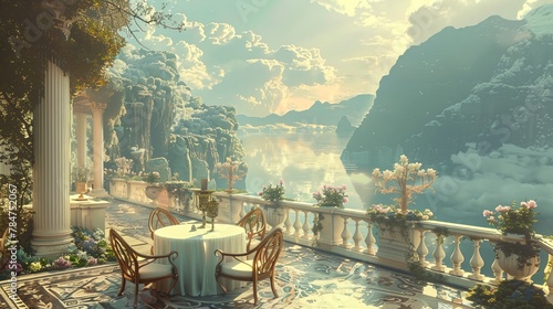 a painting of a table and chairs on a balcony overlooking a lake and mountains photo