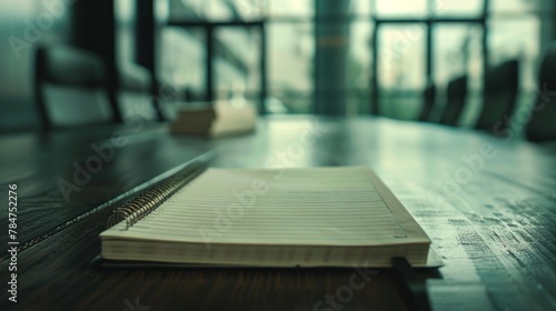 Closeup of blank notepad for agenda with pen on the table in empty meeting room. AI generated image photo