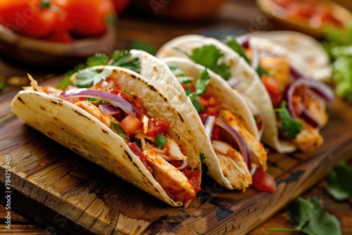Spice Up Your Day with Top-View Chicken Tacos: Mexican Delicacy with Salsa, Onions, and Flavorsome Spices  photo