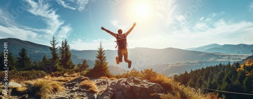 Happy man with arms up jumping on the top of the mountain photo