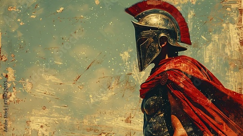 Spartan warrior in red cape under atmospheric sky, digital art representing history and heroism photo