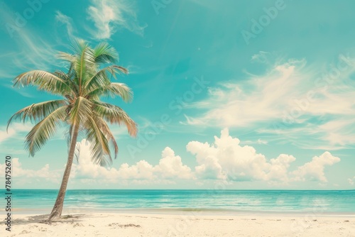 Palm tree on tropical beach with blue sky and white clouds abstract background. Copy space of summer vacation and business travel concept - generative ai © Nia™