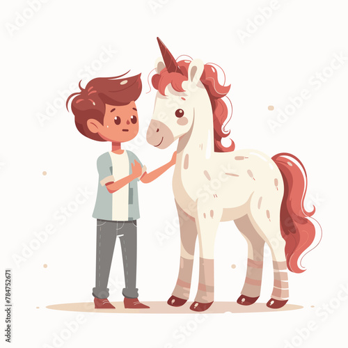 Cute little boy standing next to unicorn. Vector illustration in cartoon style