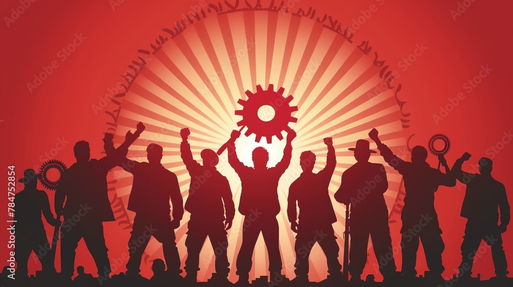 a group of people holding up a gear in front of a red background