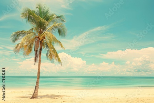 Palm tree on tropical beach with blue sky and white clouds abstract background. Copy space of summer vacation and business travel concept - generative ai © Nia™