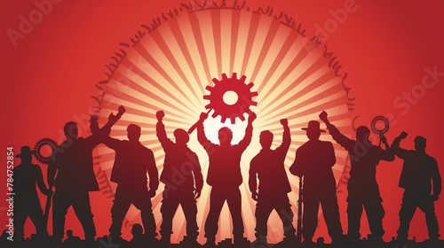 a group of people holding up a gear in front of a red background