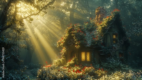 Enchanting fairy tale house in a misty forest with radiant sunbeams