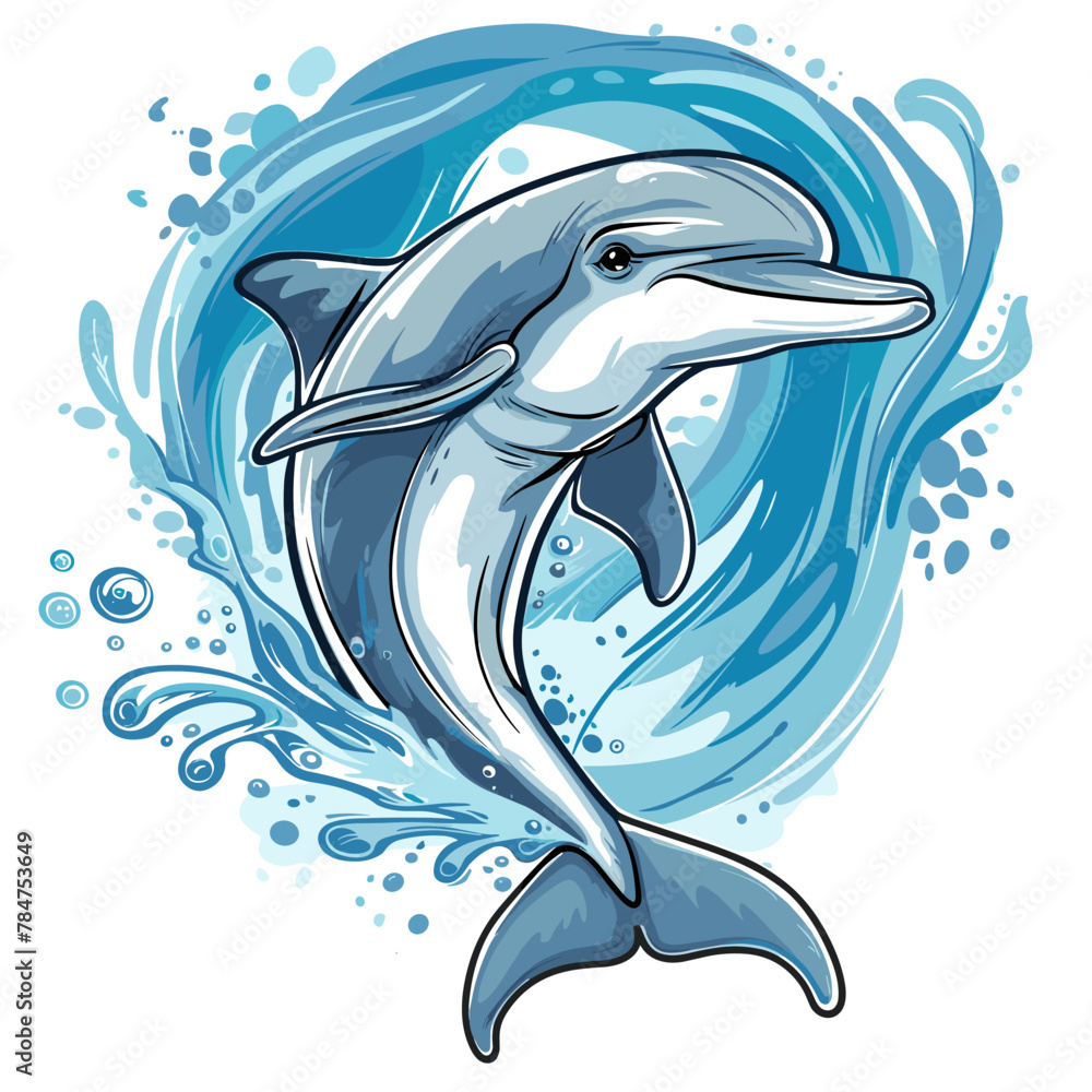 Naklejka premium Dolphin jumping out of the water. Hand drawn vector illustration.