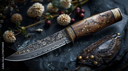 Ultra realistic photo of a custom knife with detailed Damascus blade and wooden handle